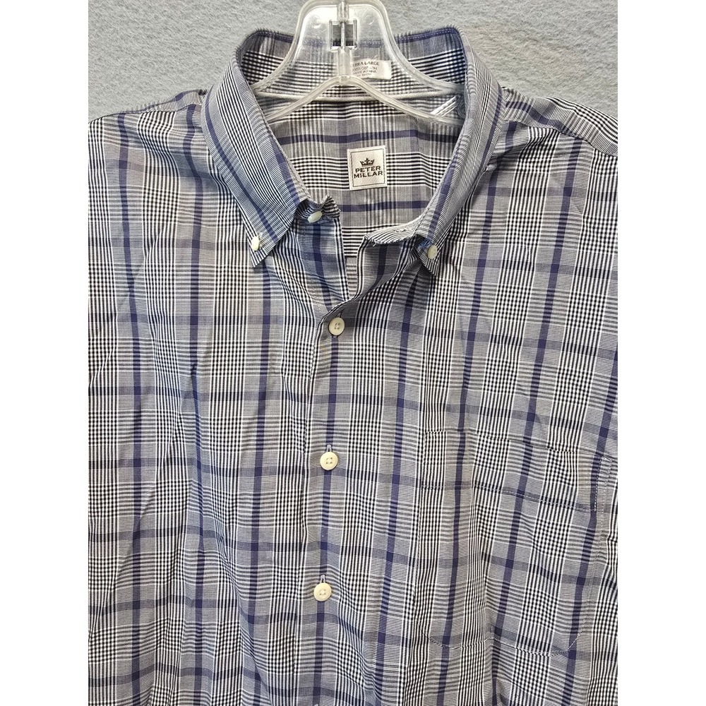 Peter Millar Mens XL Blue White Glen Plaid Cotton Button Down Long Sleeve Shirt